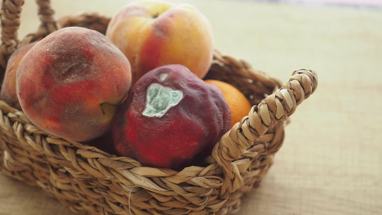 Fruits in a basket, one is rotten