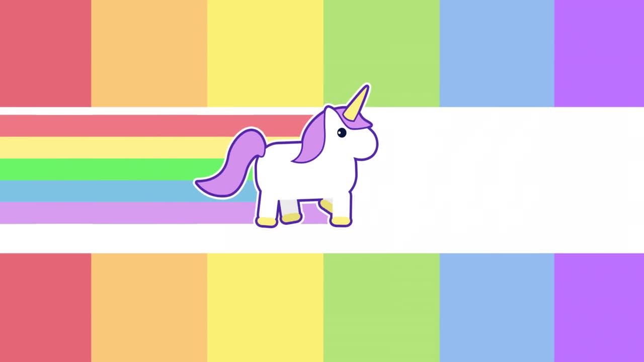 animación del icono del unicornio caminante en el fondo del arco iris