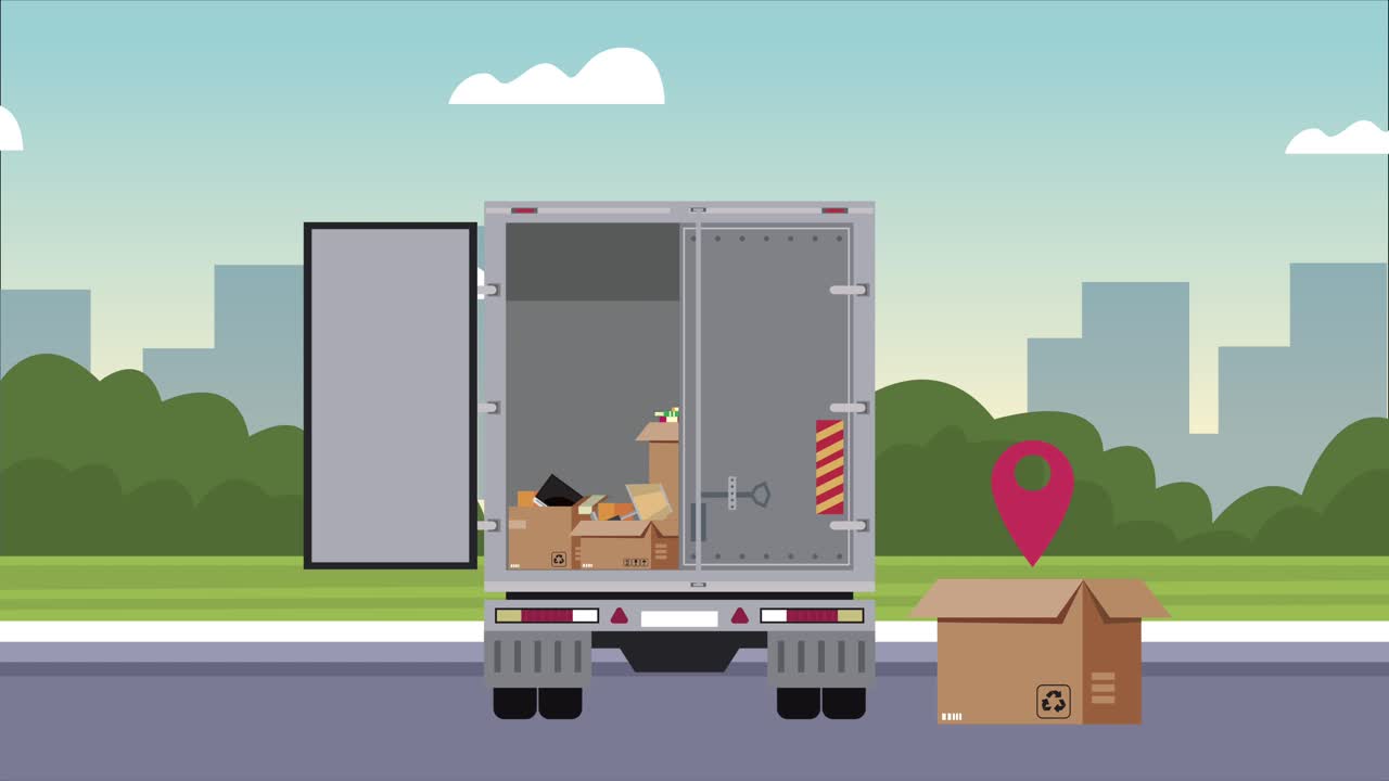 트럭과 상자를 가진 물류 서비스 애니메이션