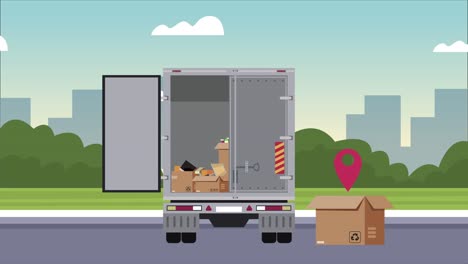 logistic service animation with truck and boxes
