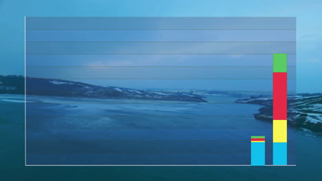 bar chart animation over serene coastal landscape with blue sky and water