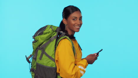 backpacking, travel and phone with woman in studio