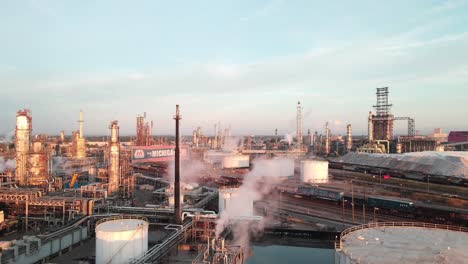 michigan oil refinery factory on sunny evening, aerial drone view