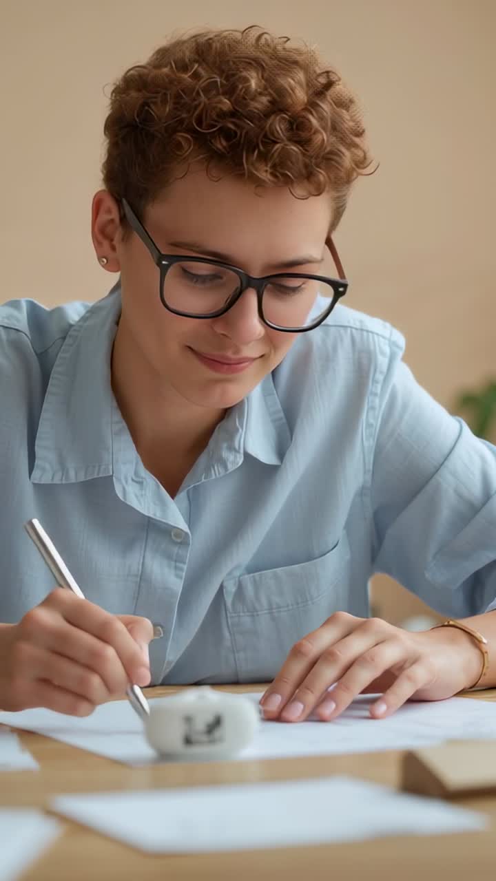 Video verticale: Sporgendosi in avanti, studente con camicia blu che scrive appunti sulle pagine al tavolo, usando una penna.