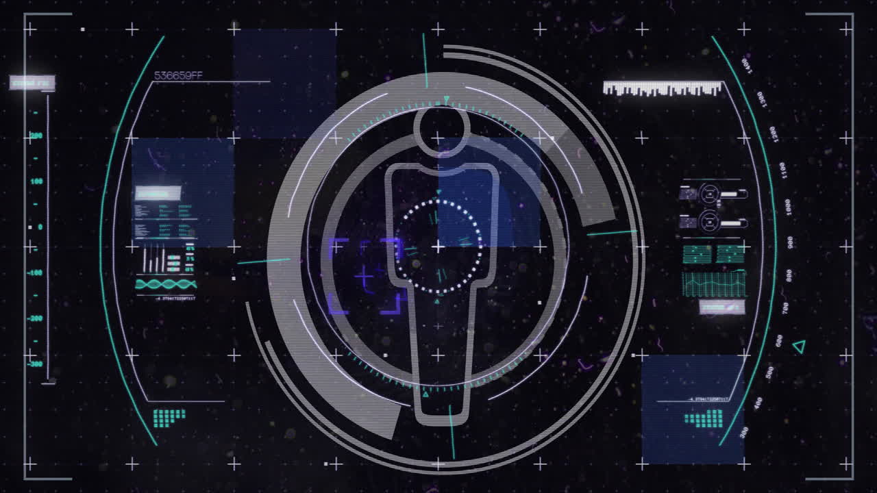 Animation of people icon, digital data processing and scope scanning