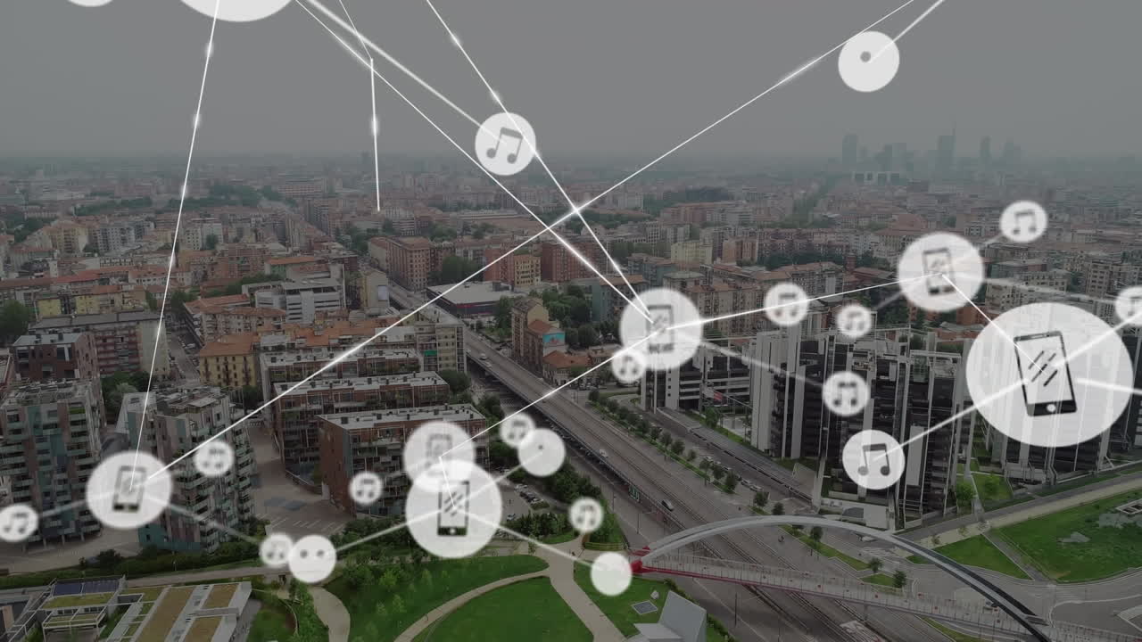 Animation of network of connections with icons over cityscape