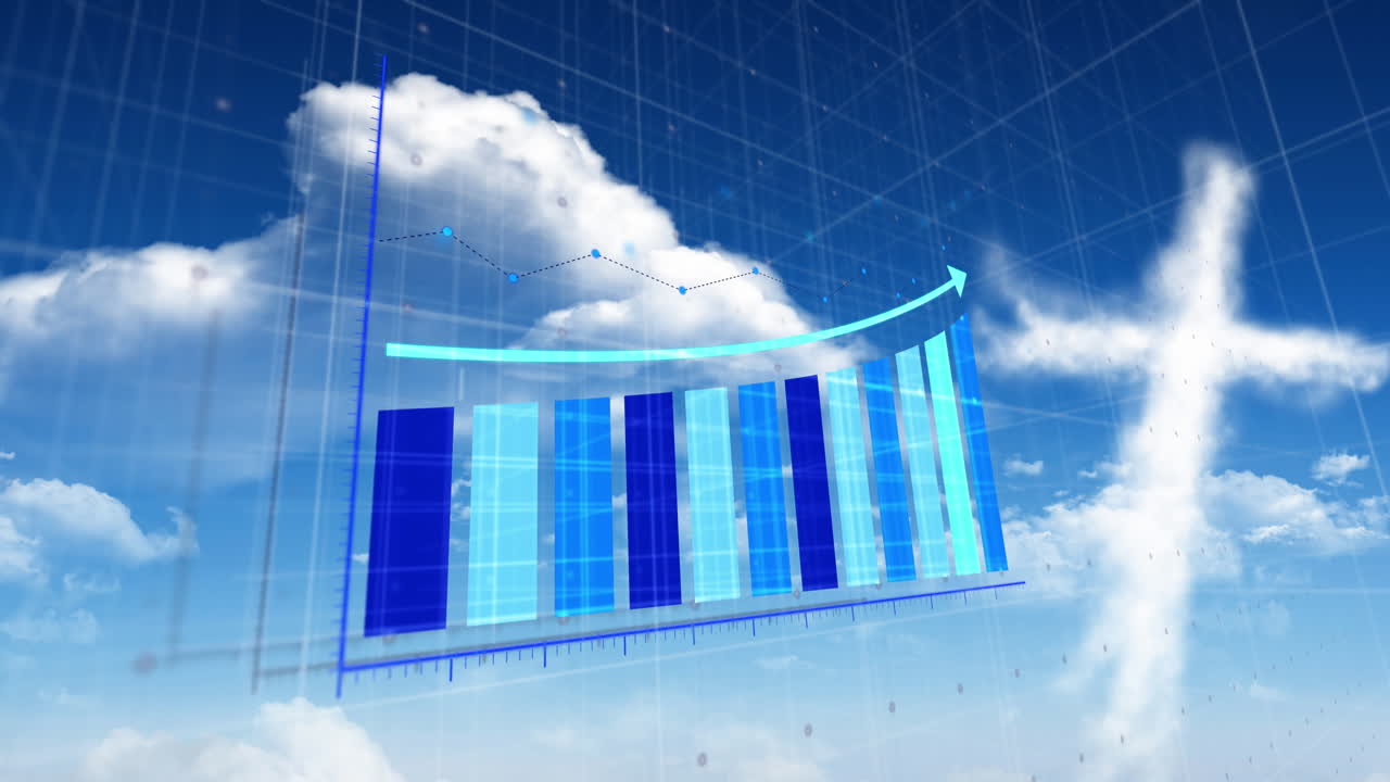 Animation of statistical data processing over grid network against clouds in the blue sky