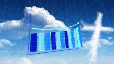 animación del procesamiento de datos estadísticos a través de la red de red contra nubes en el cielo azul.