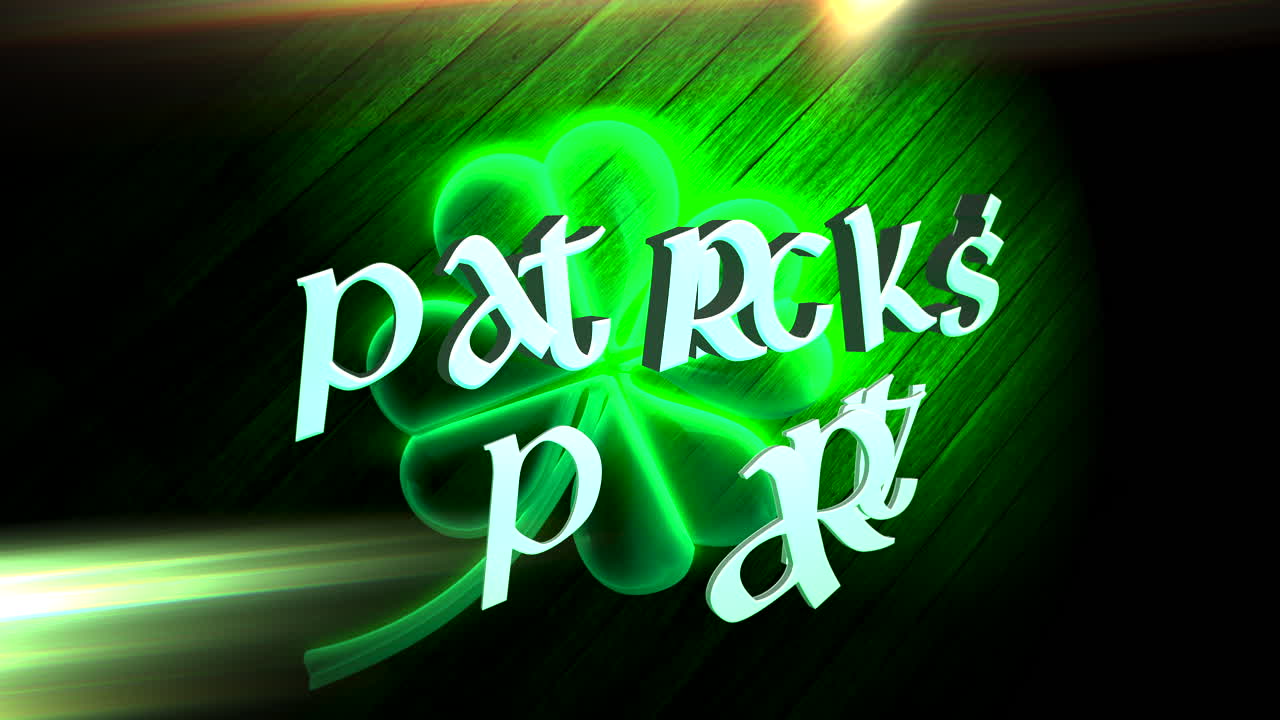 Animation closeup St Patricks Party text and motion big neon green shamrocks on Saint Patrick Day shiny background