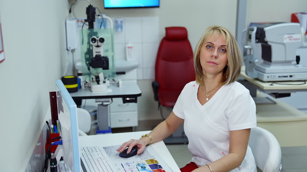 Female doctor in ophthalmology center. Ophthalmologist sitting at the desk and working on a computer in modern medical cabinet.