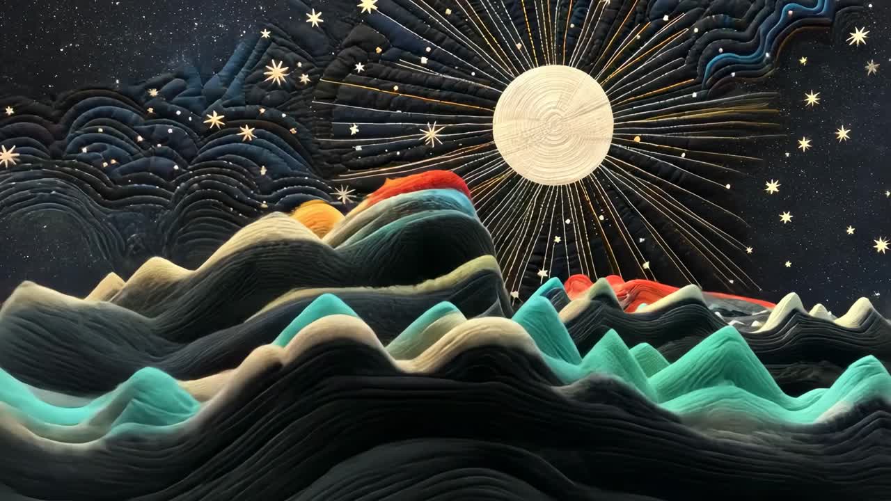 Surreal landscape with layered hills and a radiant sun, captured from a low angle