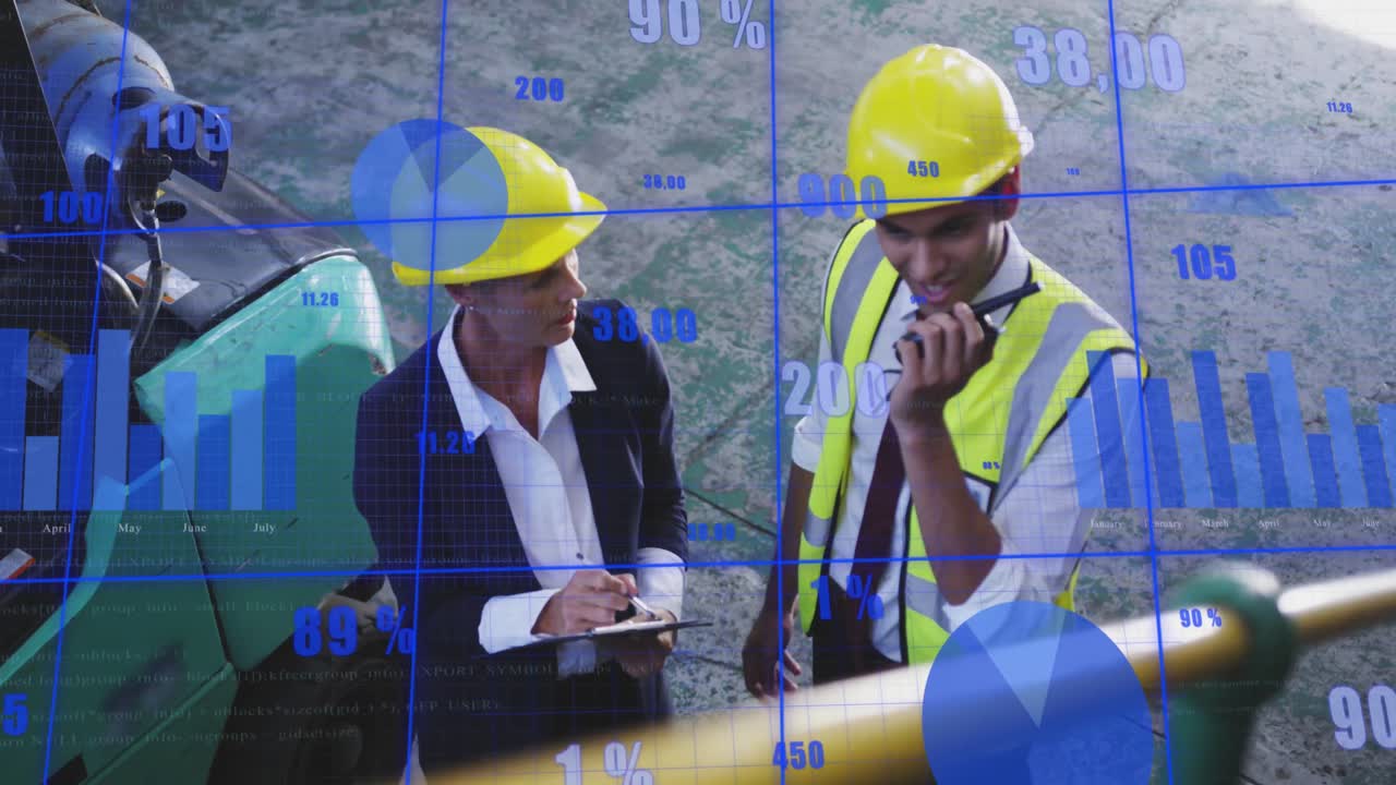 animación del procesamiento de datos financieros sobre diversas personas que trabajan en el almacén