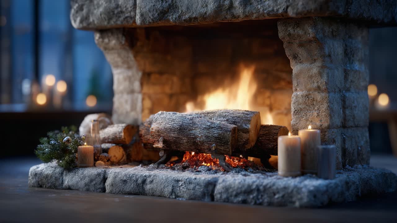 A Cozy Fireplace Scene with Glistening Flames, Illuminated Candles, and Rustic Log Arrangement Creating a Warm and Inviting Atmosphere for Winter Evenings
