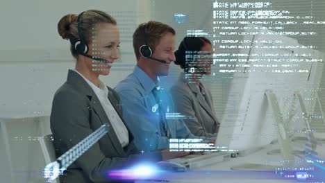 Animation-of-data-processing-over-business-people-using-phone-headsets