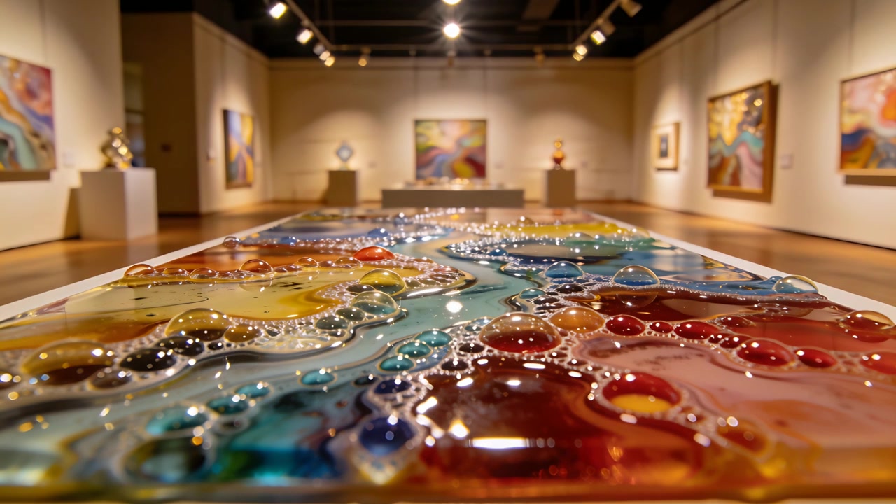 Câmera em ângulo baixo avançando capturando um painel de resina brilhante sobre um pedestal em uma galeria, revelando arte