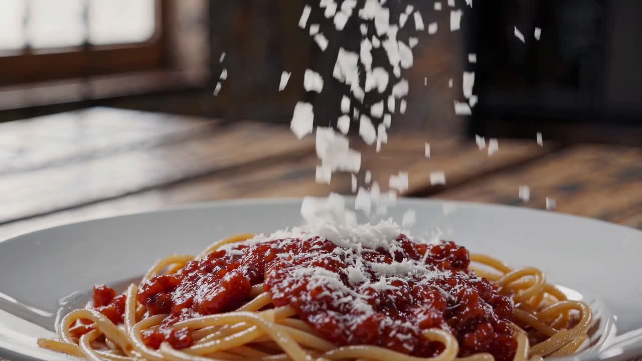 Close-up video of spaghetti with tomato sauce, topped with grated cheese
