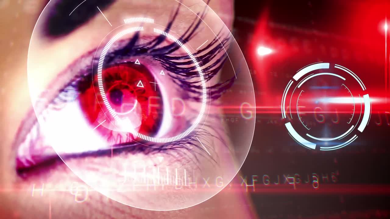 Animation of digital interface over woman's eyes