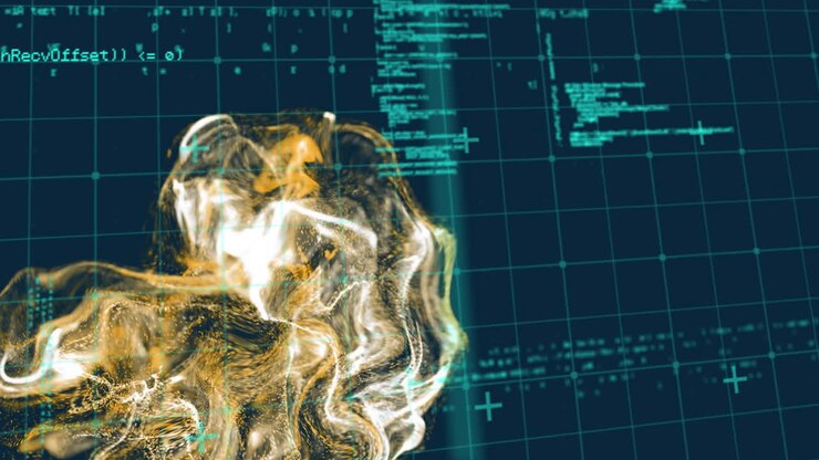 Animation of shapes with light trails over data processing on black background