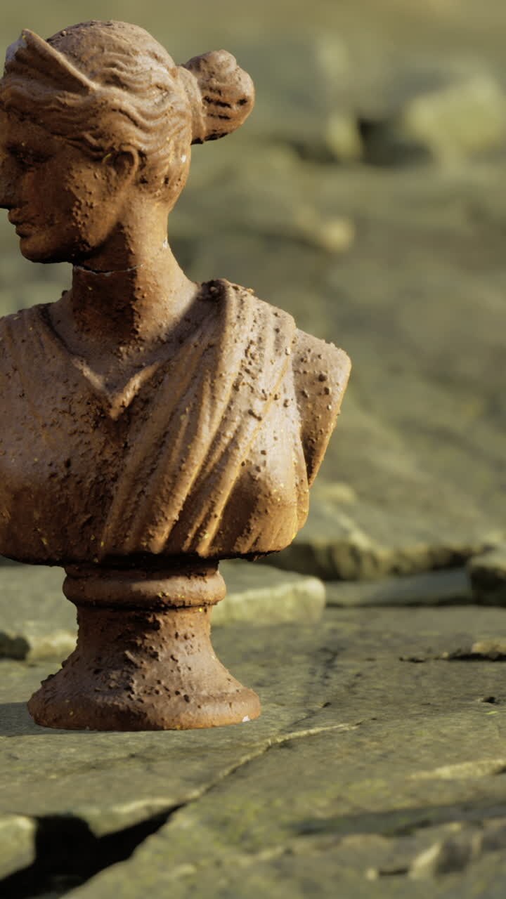 Un busto antico in cima a terra screpolata rivela la bellezza nella decadenza