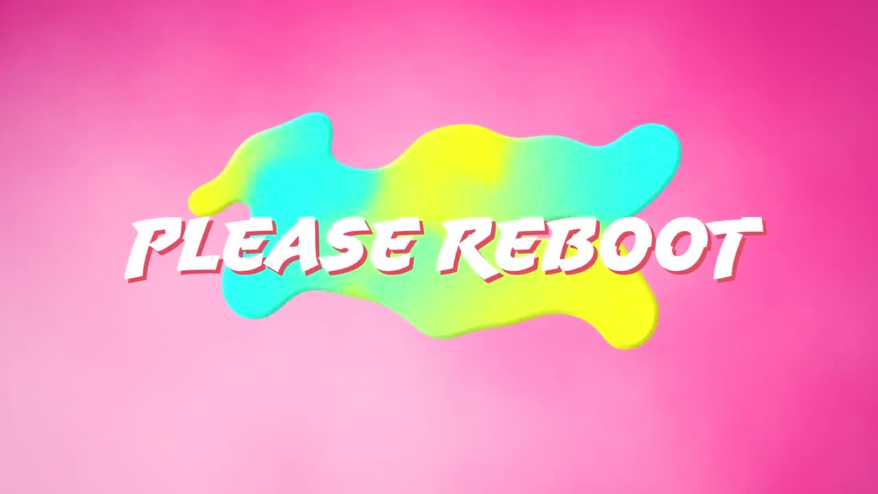 ⁇ 색 텍스트의 애니메이션은 부드러운 분홍색 배경에 녹색과 파란색 블롭 위에서 재부팅하십시오.