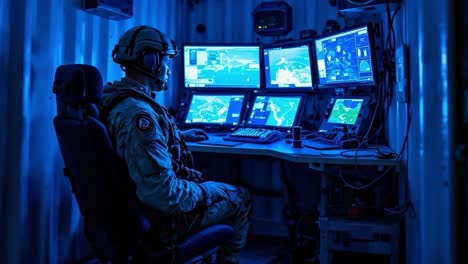 soldier operating a multi-monitor command center