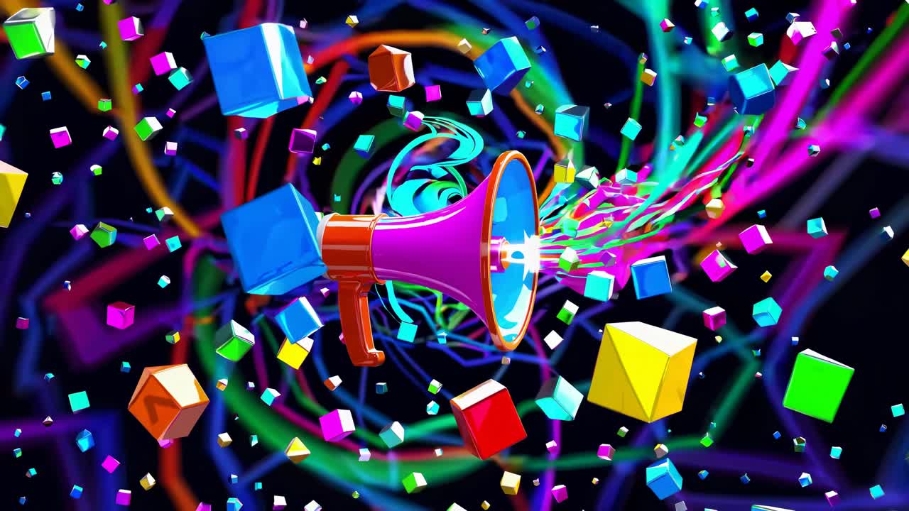 추상적인 다채로운 메가폰과 큐브 폭발
