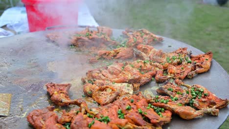 beef and chicken steaks on the grill with flames