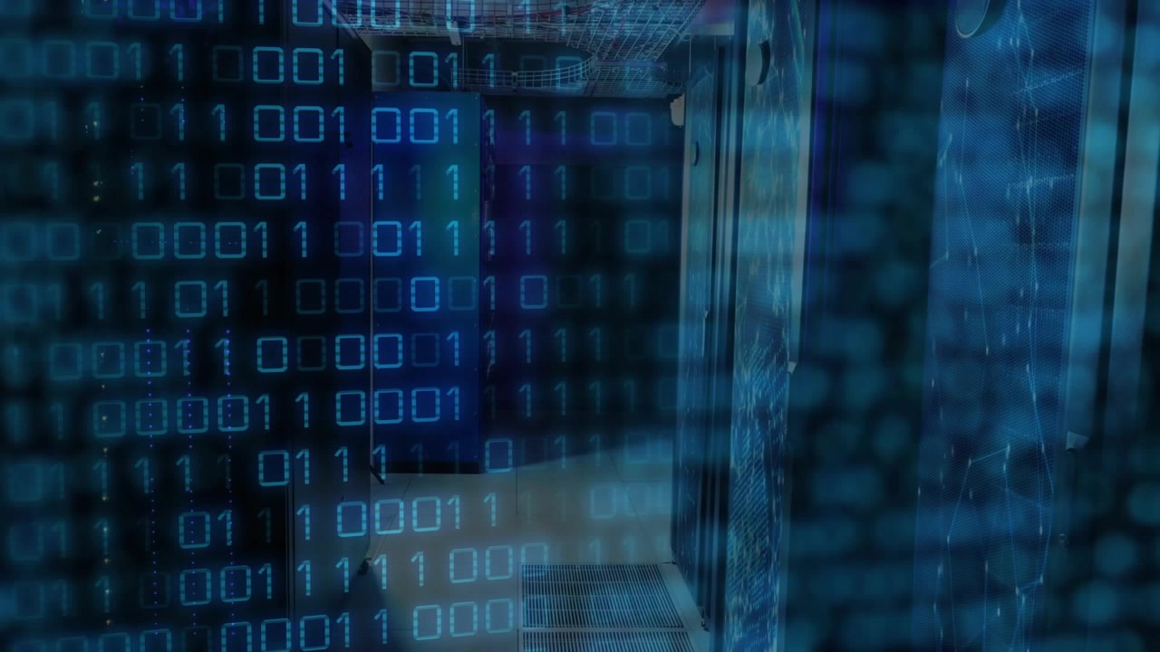 Binary grid appearing over blurred racks pulsing light and scrolling down representing data flow