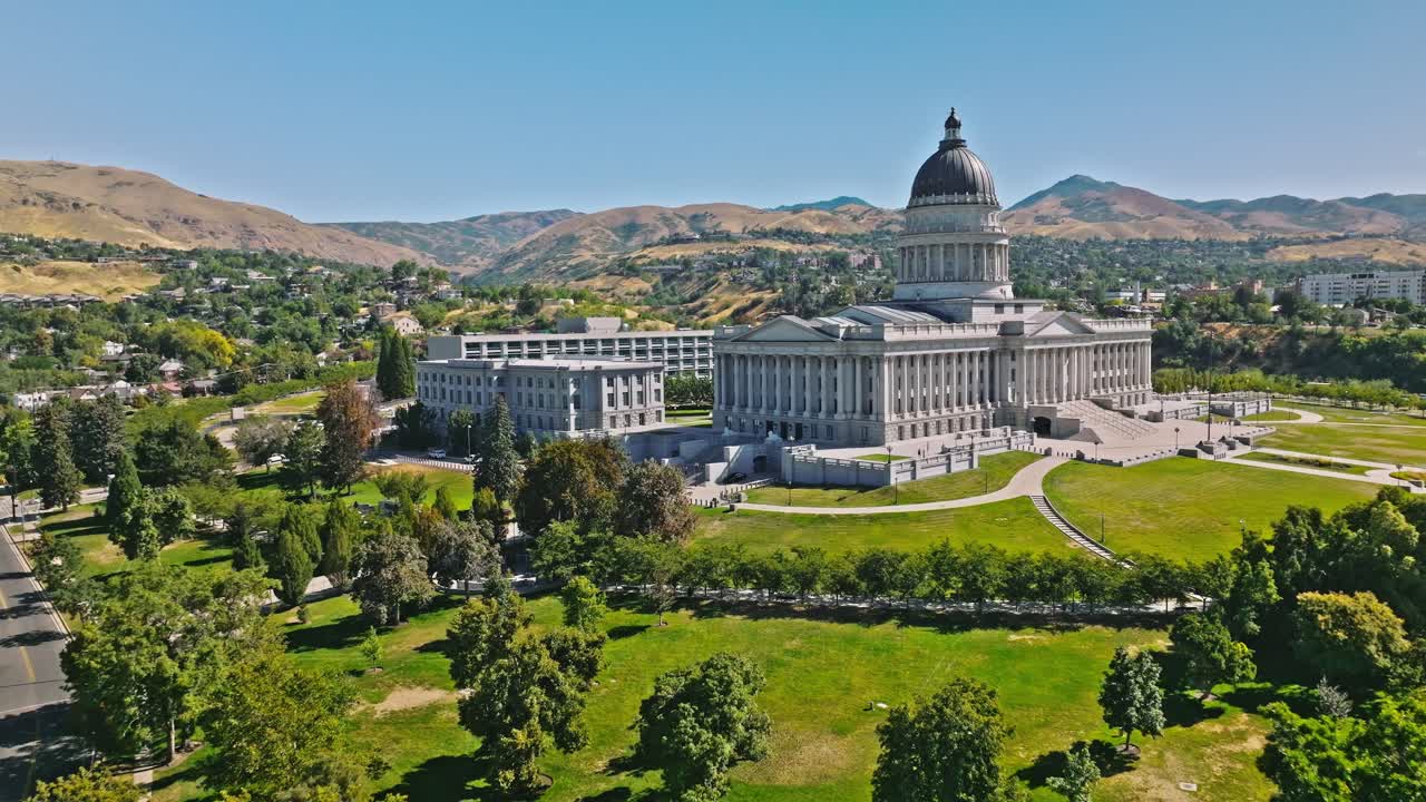 Aerial drone shot of Utah capitol building in Salt Lake City, UT