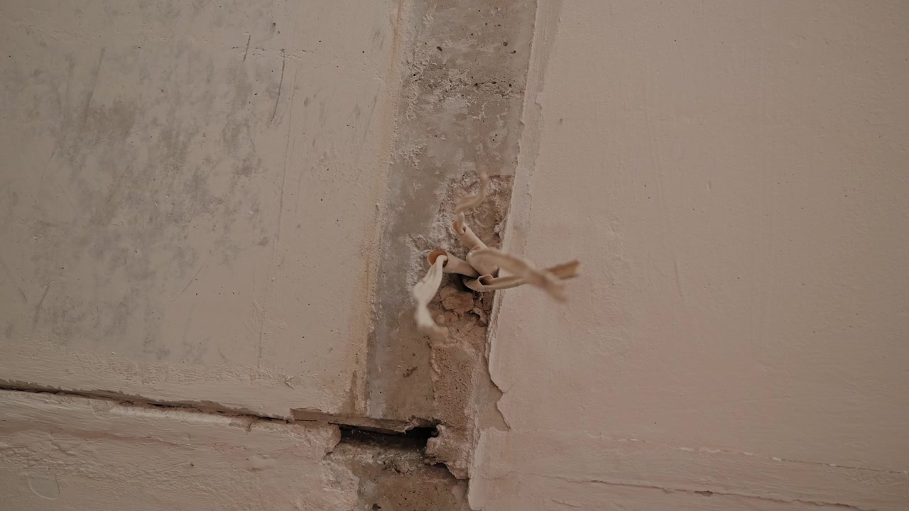 Camera pans right, exposed electrical wires hanging from demolished apartment
