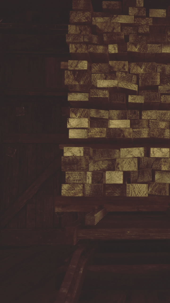 Blocchi di legno impilati in una stanza scarsamente illuminata con ombre e texture