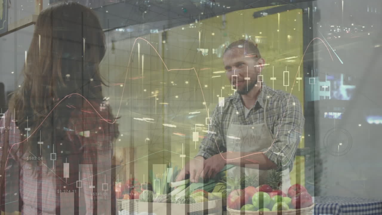 анимация обработки данных над кавказской женщиной в магазине