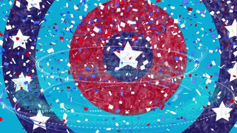 round scanners and confetti falling over stars on spinning circles against blue background