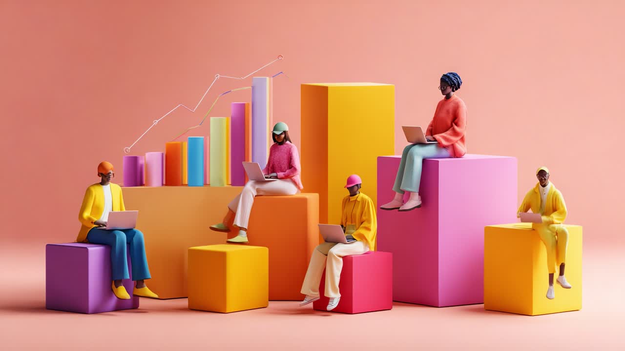 Dynamic Scene of Diverse Individuals Engaging with Technology on Colorful Growth Charts and Cubes, Illustrating Collaboration and Data Analysis in a Modern Environment