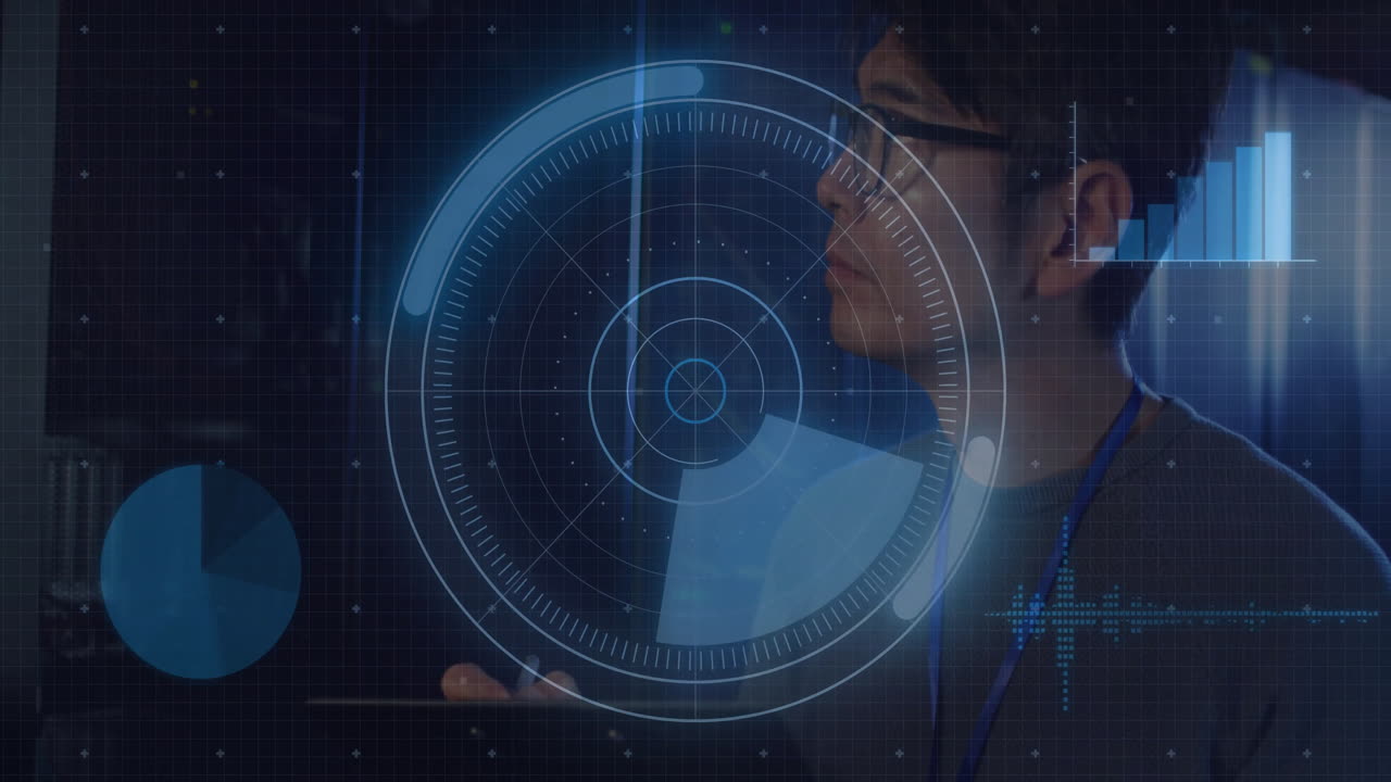 Man wearing glasses interacting with holographic radar HUD pie chart bar graph waveform in tech lab