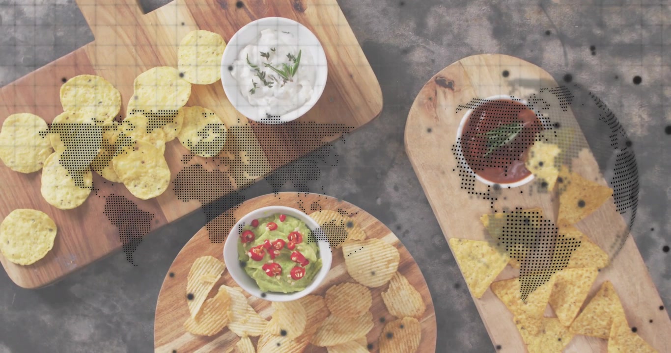 On showing overhead snack boards, fading, drifting, aligning world-map overlay for global flavor