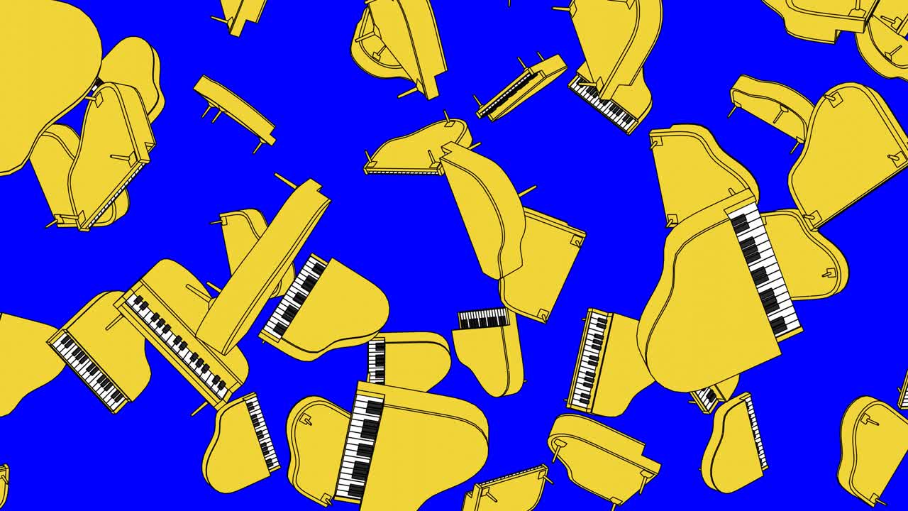 Molti pianoforti gialli su sfondo blu chroma key