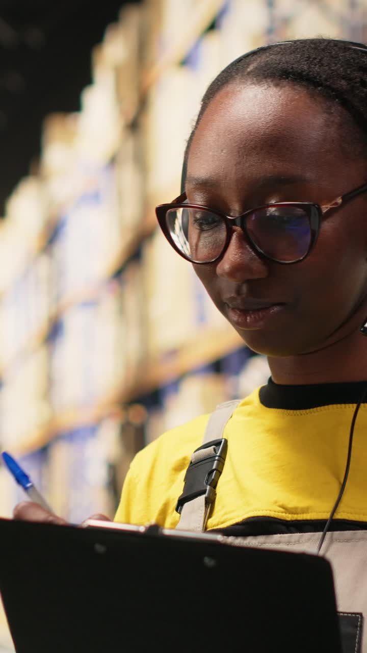 Vertical Video Black female staff answering a customer service call in a logistics hub