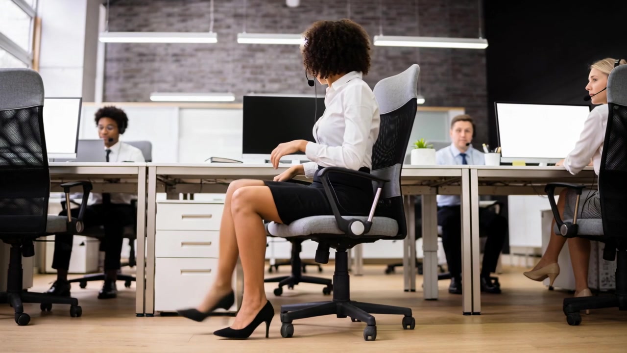 Femme noire en tenue de bureau, portant un casque, réagissant à une douleur au dos et retenant sa chaise pivotante à son bureau.