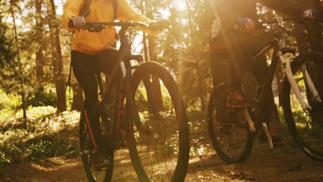 mountain biking couple riding in the forest on a sunny day