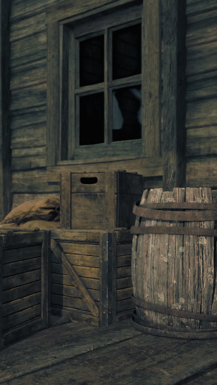 viejo edificio de madera con barriles y cajas