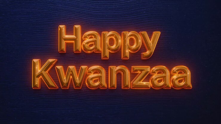 Particelle ampie dalla parte superiore destra, testo 3D illuminato di Buon Kwanzaa che ruota su increspature blu scuro, formando un anello