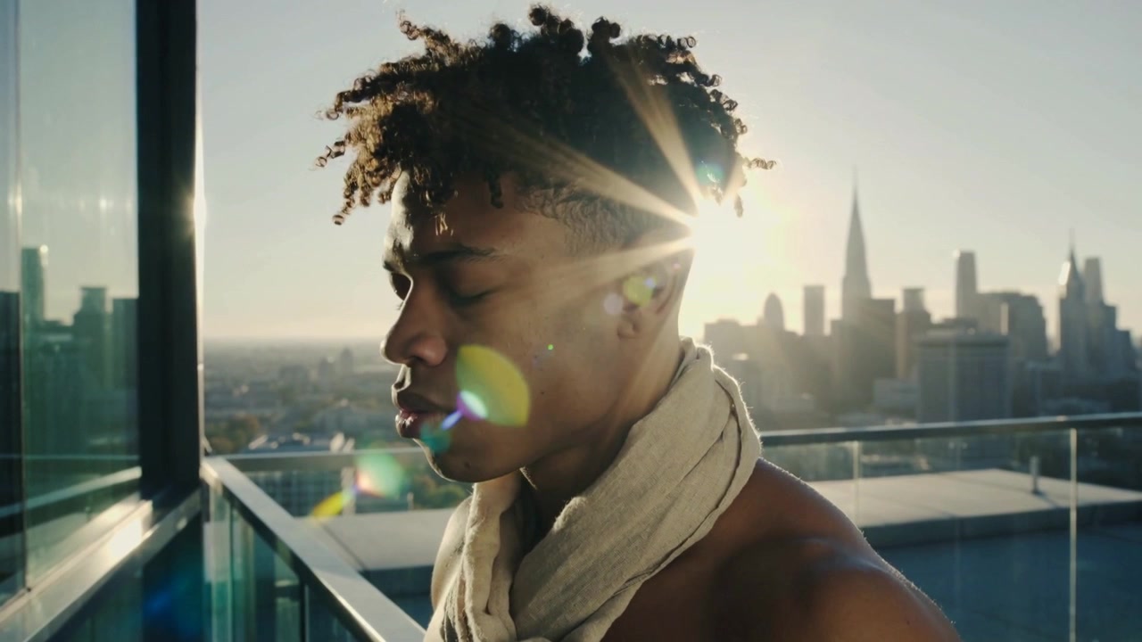 Shirtless man standing on rooftop balcony tilting with scarf, glass panels, sun moving, lens flare