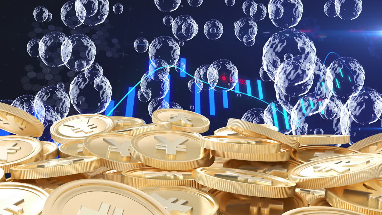 금융 데이터 처리에 대항하여 금 동전에 대항하여 떠다니는 여러 거품