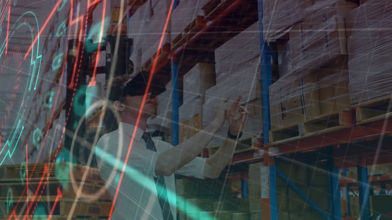 escaneo de alcance sobre la red de red contra el hombre caucásico que lleva auriculares vr en el almacén