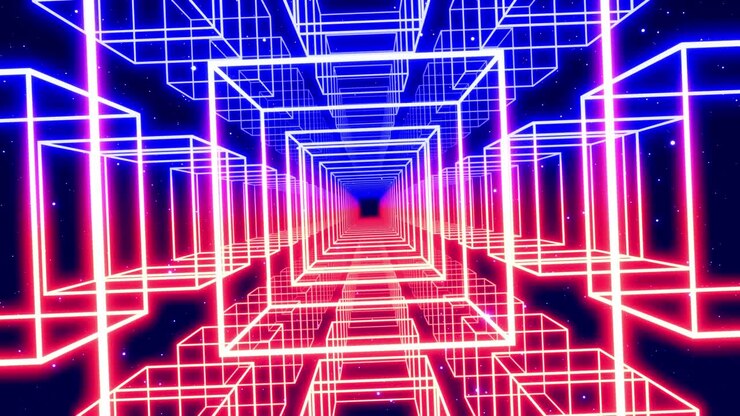 Motion design array of cubes, camera flies and rotates in digital sci-fi space with neon light and hologram objects. Hi tech concept, abstract futuristic looped background. Motion graphic. Vj loop.