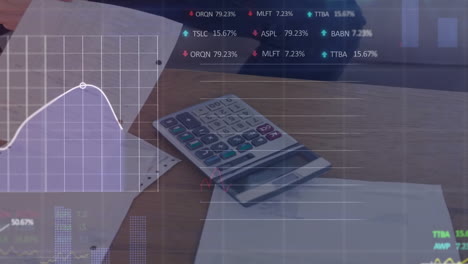 animation of statistical, stock market data processing over calculator and documents on wooden table