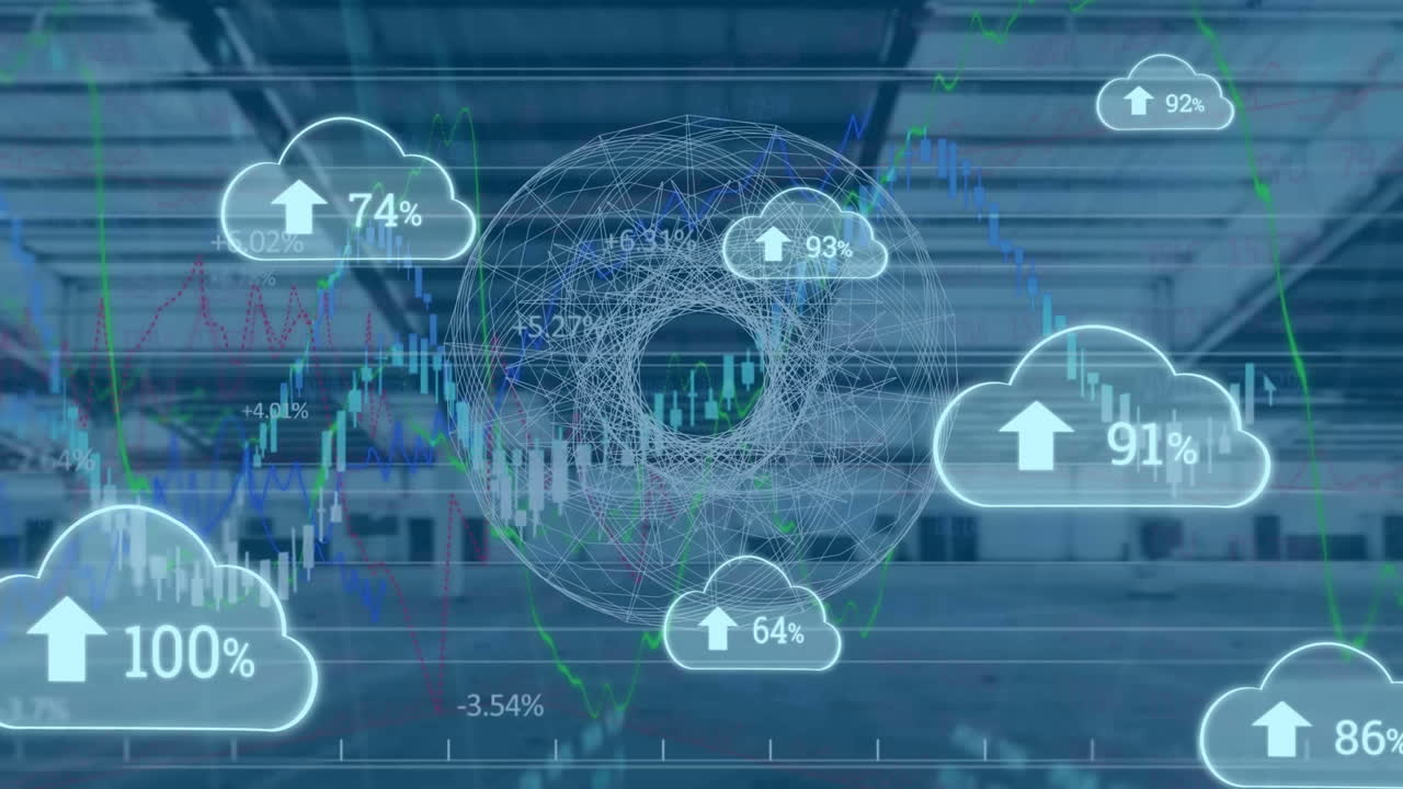 Animation of clouds with growing number and financial data processing over empty office
