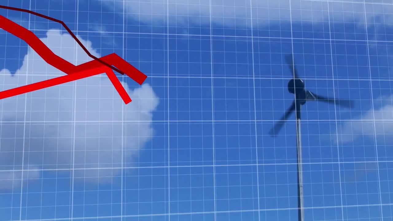animación de gráficos rojos que caen sobre el molino de viento giratorio contra el cielo nublado