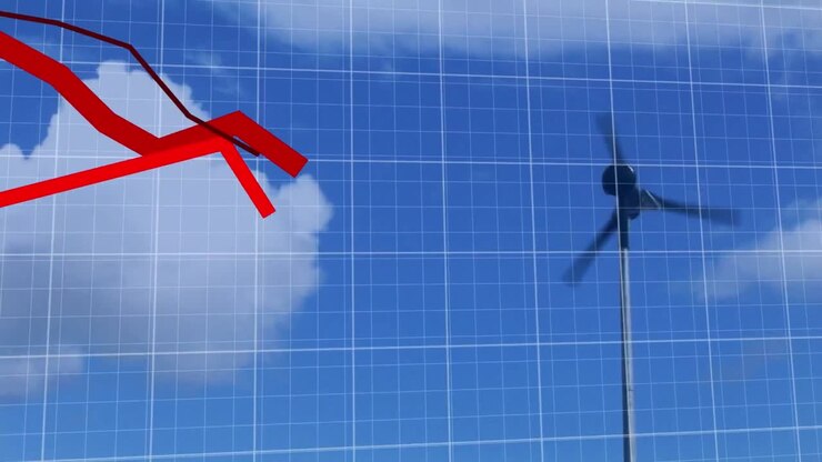 Animation of falling red graphs over rotating windmill against cloudy sky